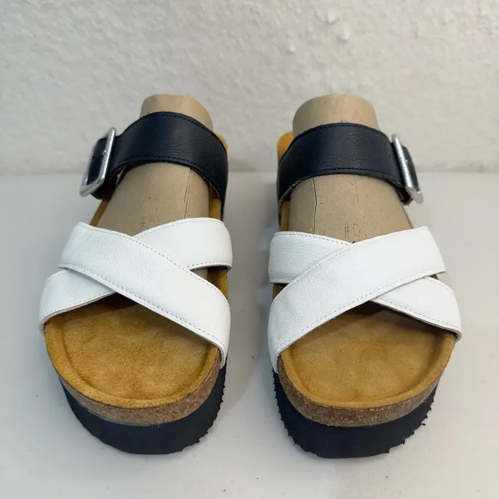 NAOT Juliette Platform Slide Sandal Soft Black & White Leather Straps Women’s 9